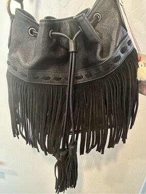 Johnny Was Italian Leather Fringe Bucket Bag Black NWT Boho Crossbody Purse